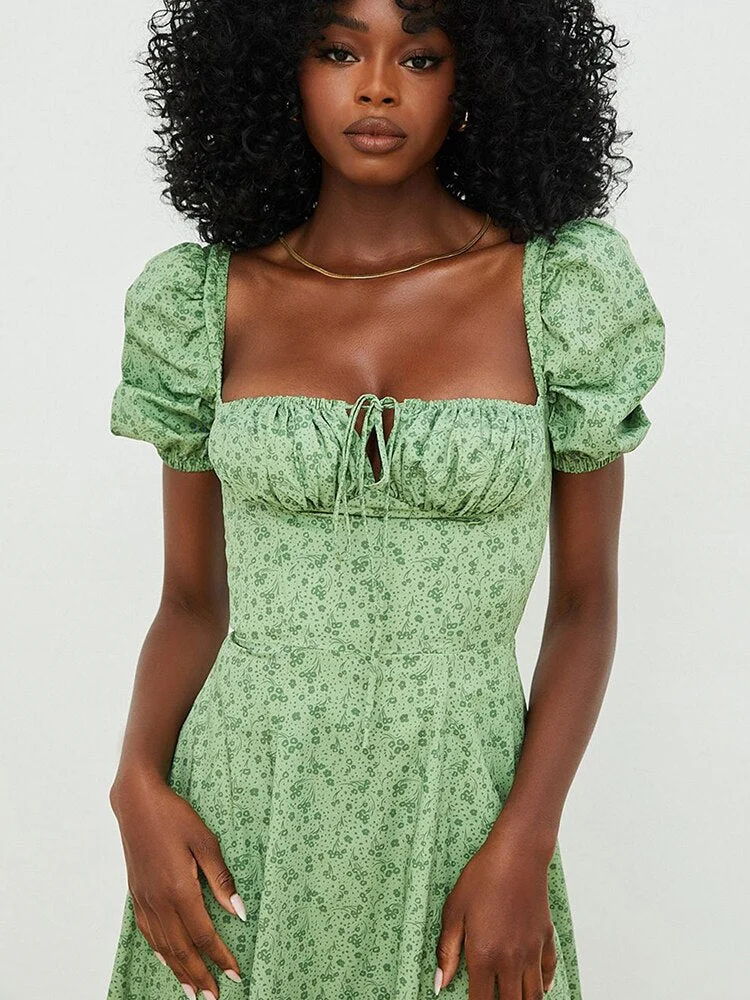 Jacqueline 2022 Puff Sleeve Midi Floral Dress Women Retro Elegant Sexy Split Sundress Casual Ruched Drawstring Dresses Summer