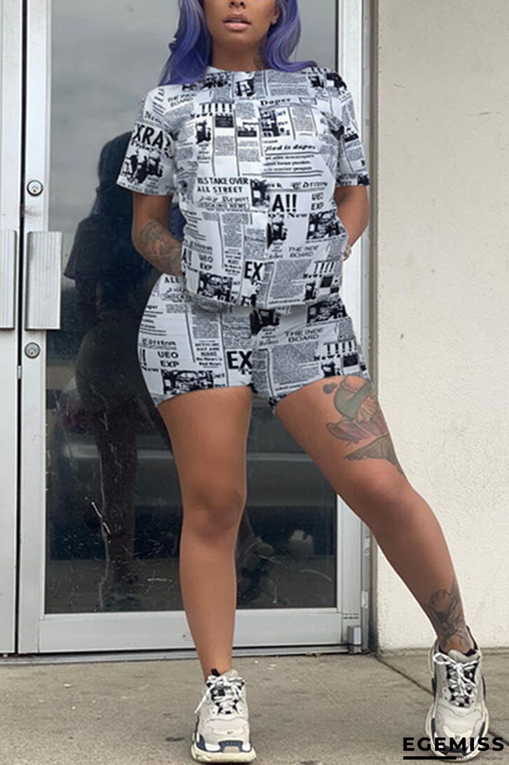 White Fashion Casual Print Two Piece Suits Letter Slim fit Regular Short Sleeve Two-Piece Short | EGEMISS