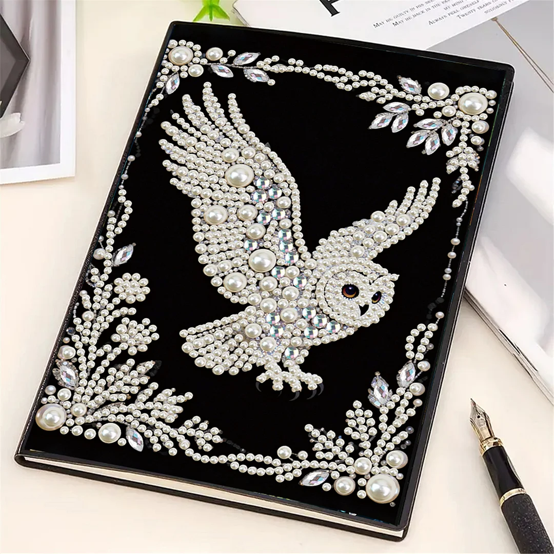 Owl Partial Pearl DIY 50 Pages A5 Diamond Painting Notebook Special Shaped Diamond Art Diary Book Kits Wireless Strip 5D Crystal Art Paintings Sketchbook for Art Drawing