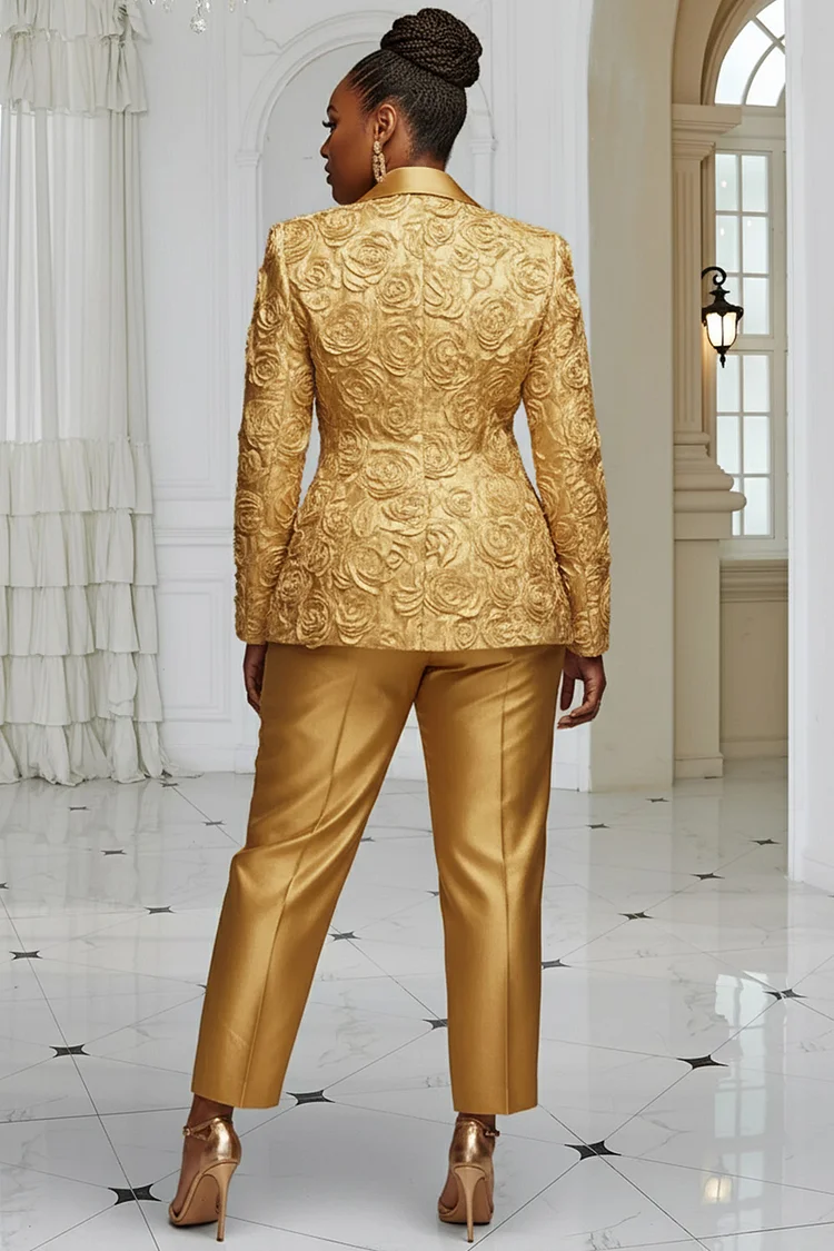 Xpluswear Design Plus Size Christmas Gold Lapel Collar Long Sleeve 3D Elegant Satin Two Piece Pant Suits [Pre-Order]