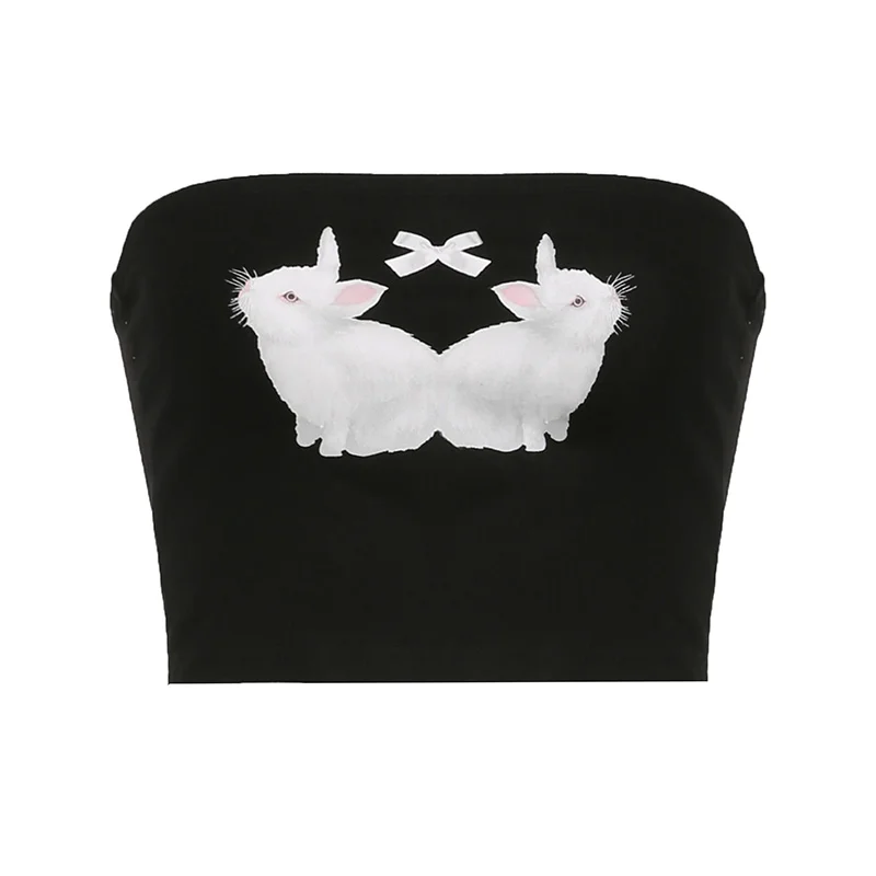 Huibahe Cartoon Rabbit Print Tube Top Black Dark Academia Strapless Crop Tops Vintage Cute Camis Sexy Corset Kawaii Vest