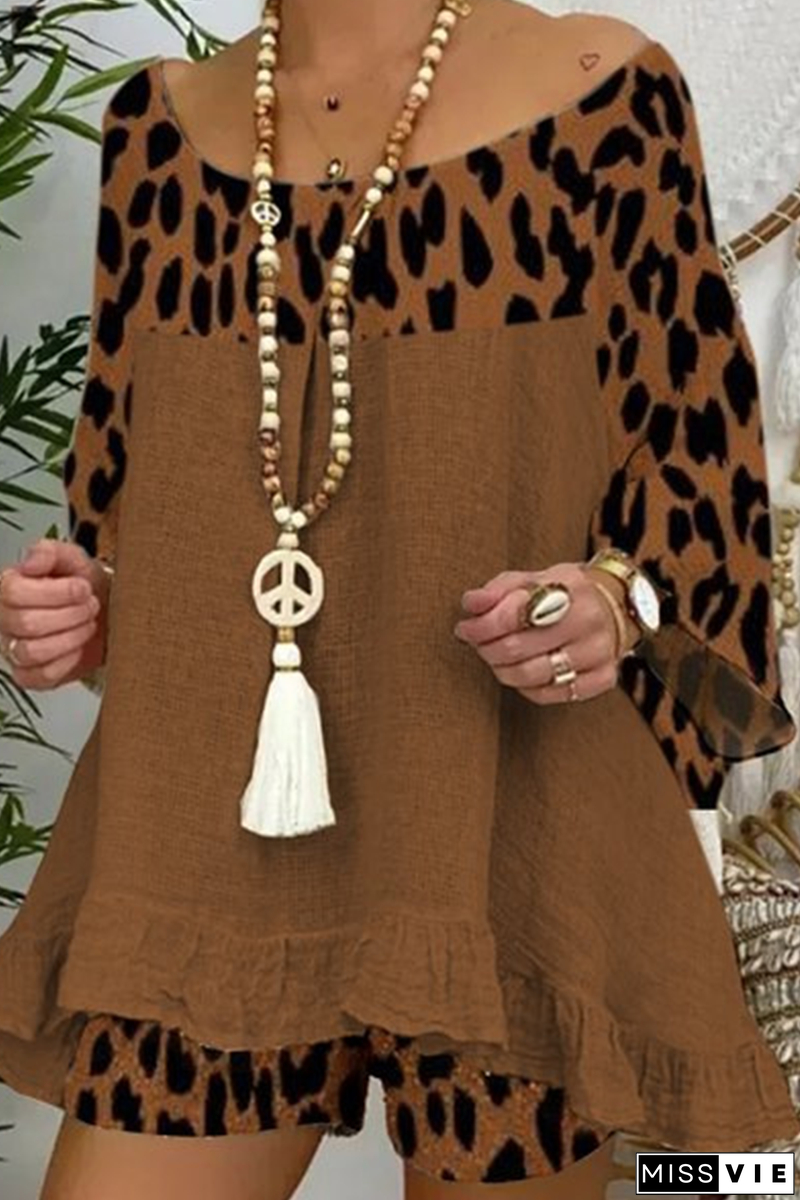 Casual Street Leopard Patchwork Flounce O Neck Three Quarter Two Pieces