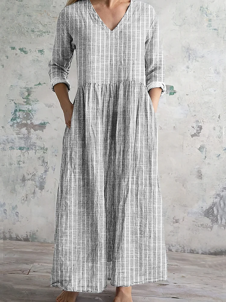 Simpfit Vintage Streifenmuster Damen Nachahmung aus Baumwolle und Leinenkleid