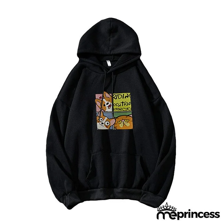 Loose Plus Size Cartoon Dog Print Hooded Sweatshirt