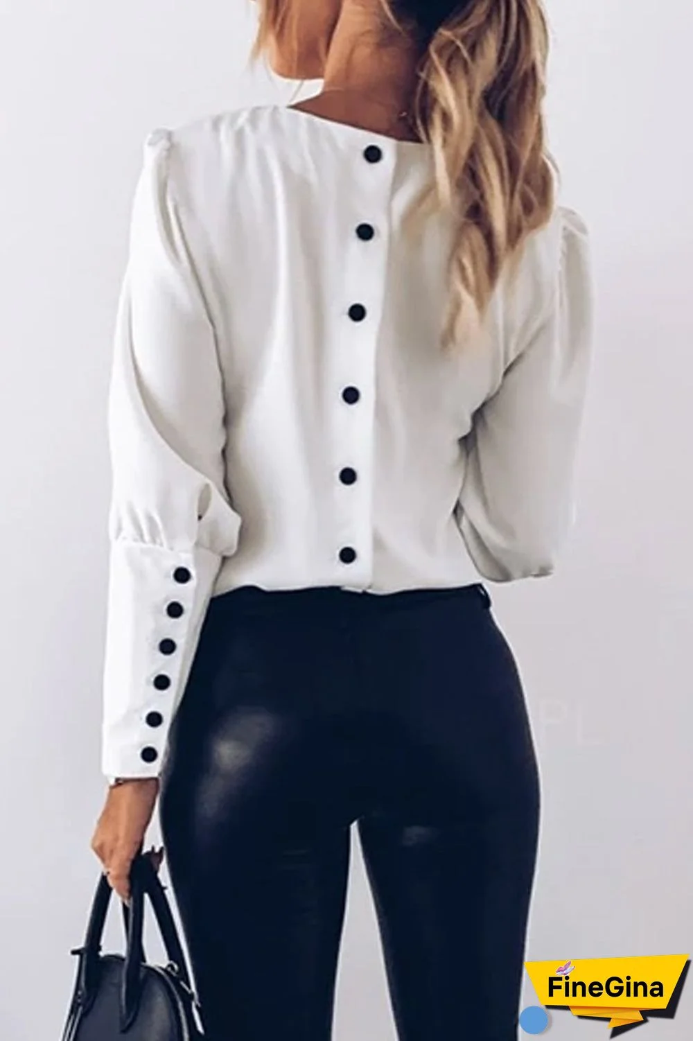 Puff Sleeve Button Round Neck Blouse