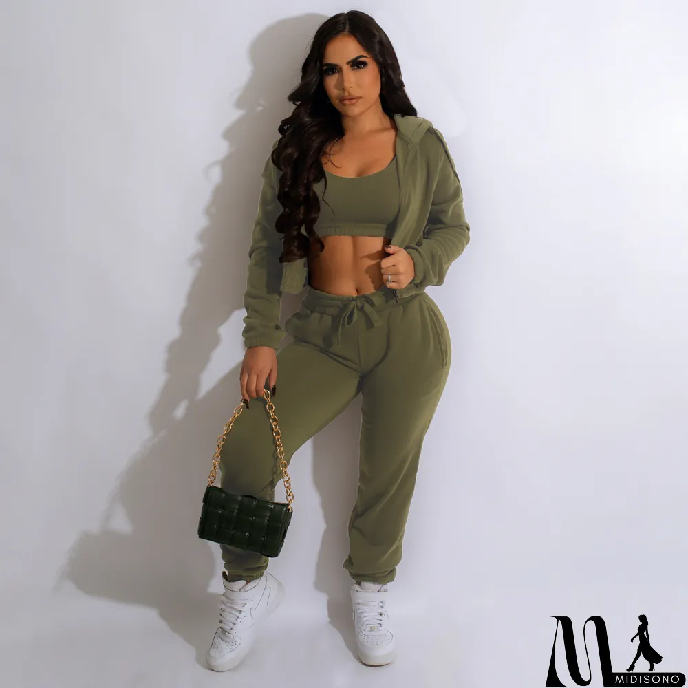 MidiSono - Plush Solid Tank Tops+Hooed Zipper Coat+Pants Sports Three Piece Set