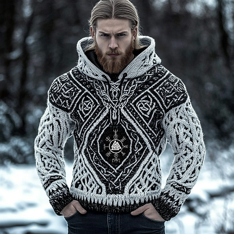Men's Viking Rune Embroidered Comfortable Chunky Hooded Sweater