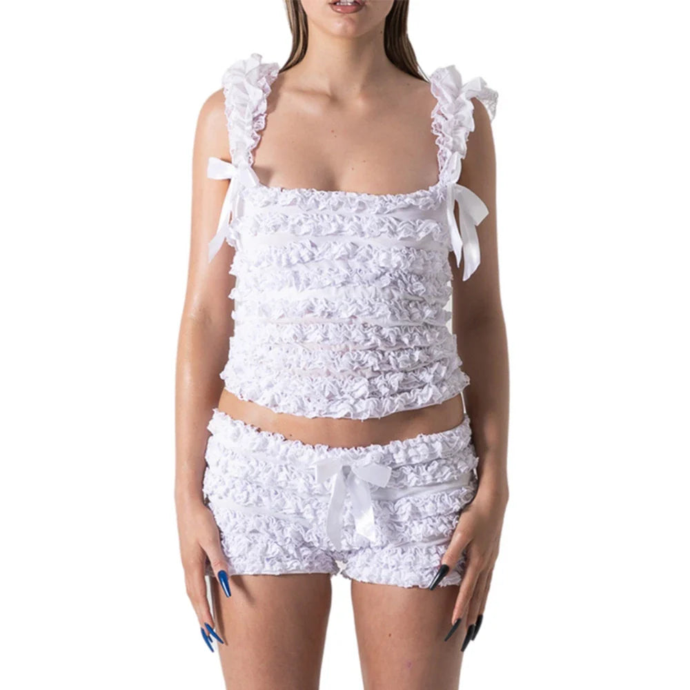 OLCooL Women’s Y2K Ruched 2Pieces Lace Skinny Outfits Sleeveless Square Neck Ruffled Tank Crop Tops + Elastic Low Shorts Set olcool