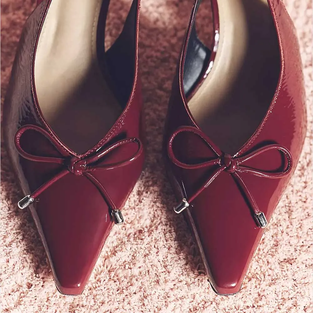 Maroon Patent leather Pointed Toe Slingback Cute Bow Pumps Shoes