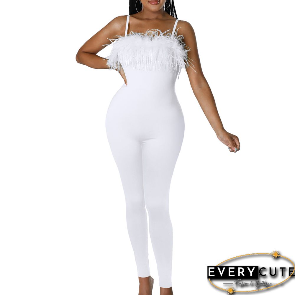 White Feather Detail Spaghetti Strap Bodycon Jumpsuit