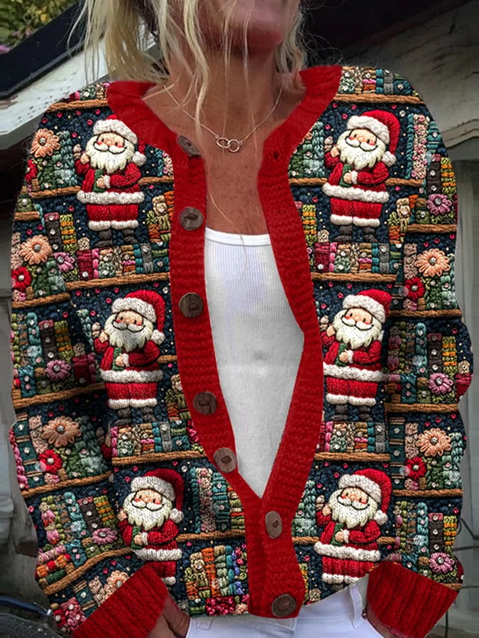 Women's Vintage Bookish Santa Print Knit Cardigan