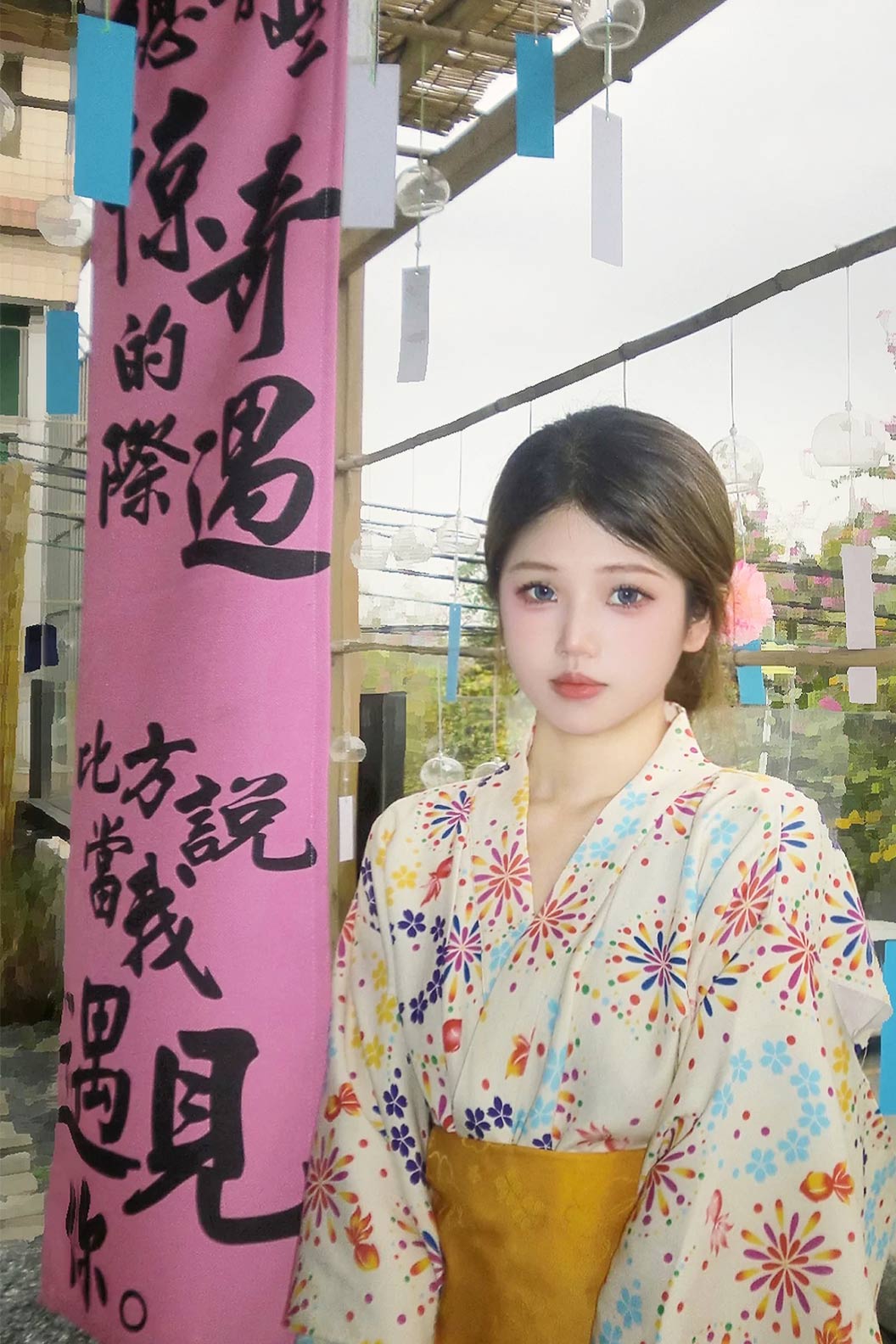 Yukata Kimono Yellow Kimono with Goldfish Print - はなびたいかい Stupa Stones