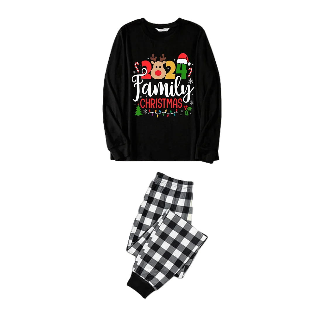 "Family Christmas 2024" Text and Deer Prints Black Long Sleeve Top with Black And White Plaid Pants Family Matching Pajamas