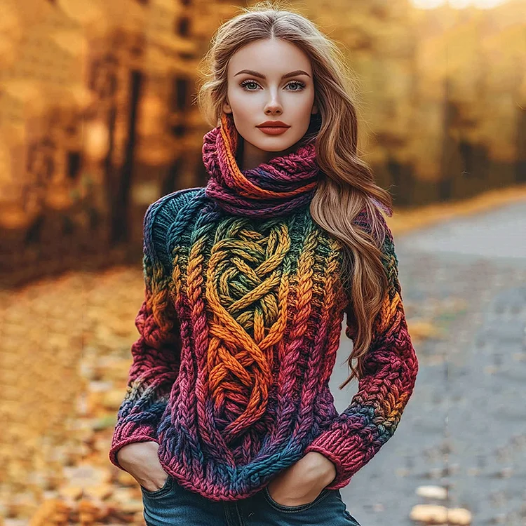 Irish Rainbow Pattern Jacquard Cozy Turtleneck Sweater