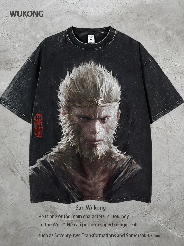 Unisex Vintage Washed Journey to the West Culture Monkey King Printed Short Sleeve T-Shirt