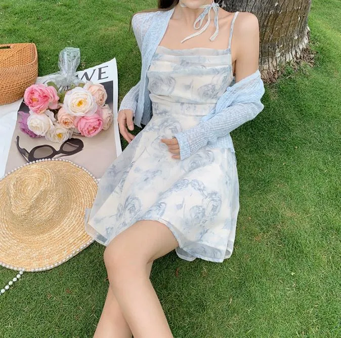Churchf Churchf Temperament Sexy Dew Back Broken Flower Condole Belt Skirt Female 2024 Summer New Style Dozen Pull Collect Waist Thin Money Chiffon Dress
