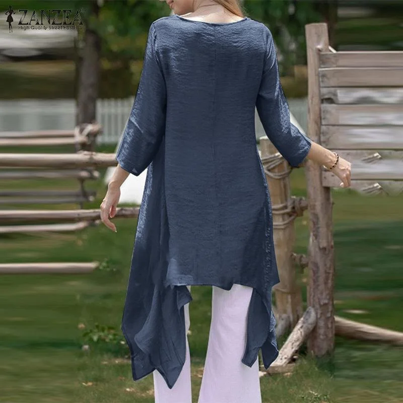 ZANZEA Fashion Autumn O Neck 3/4 Sleeve Long Shirt Women Asymmetrical Blouse Casual Solid Blusas Loose Tunic Tops Oversized
