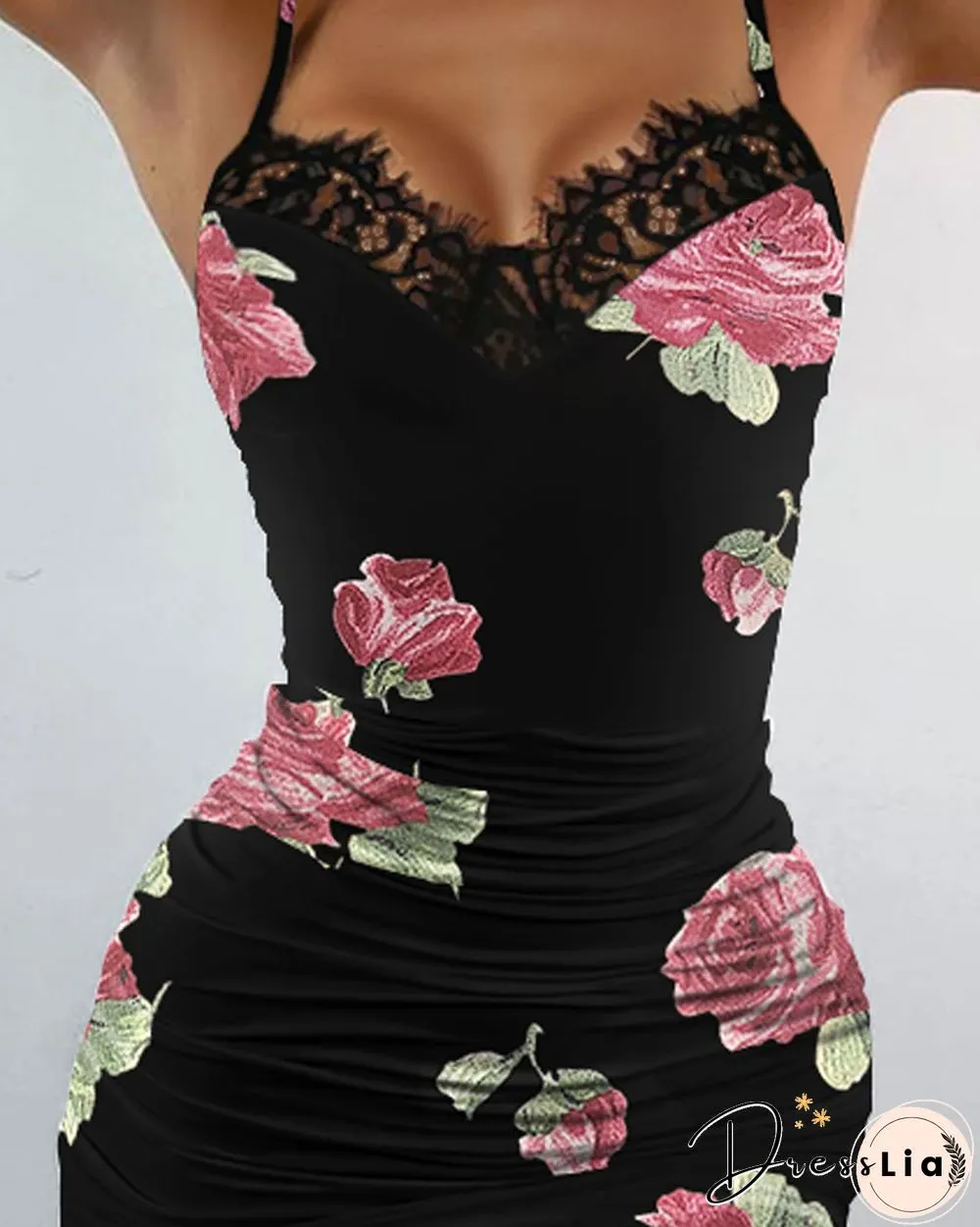 Floral Print Contrast Lace Bodycon Cami Dress