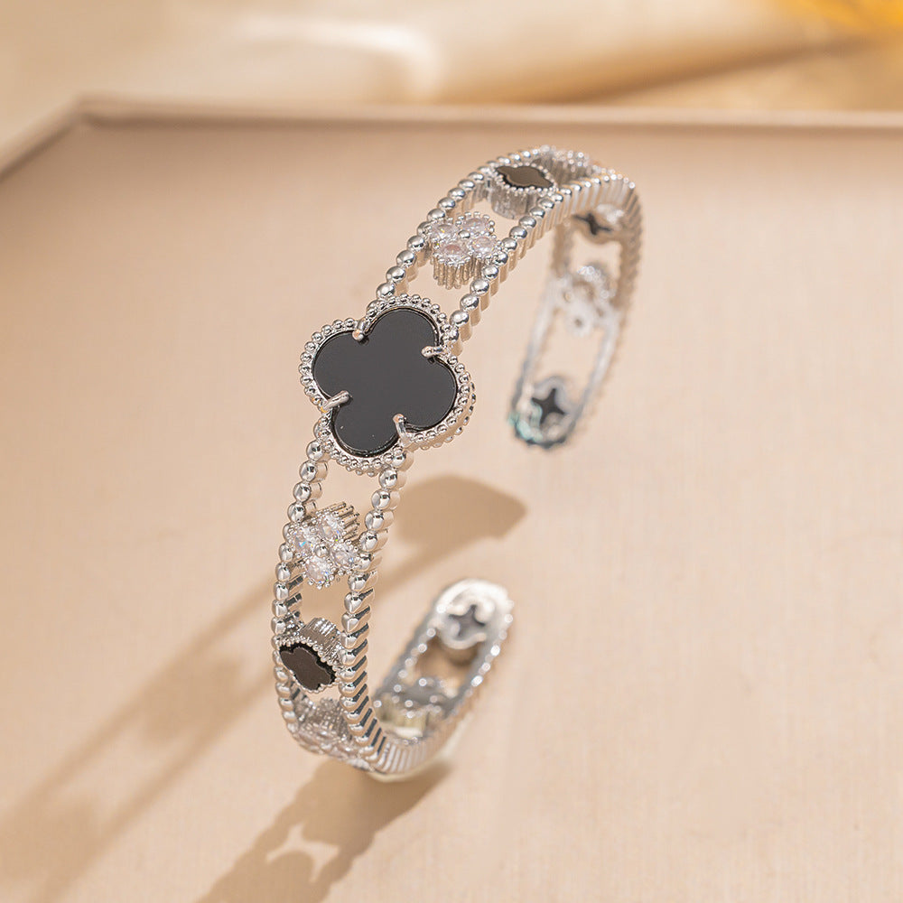 Personalized Trendy Micro-Inlaid Zircon Mother-Of-Pearl Flower Hollow Open Bracelet Versatile Women