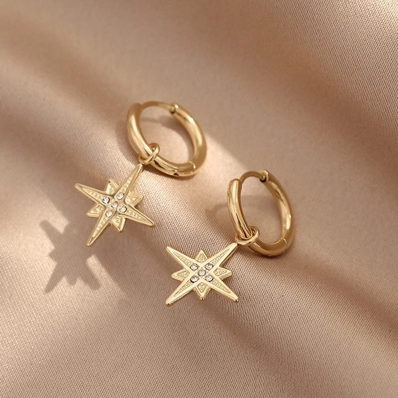 1 Pair Retro Circle Star Inlay 304 Stainless Steel Rhinestones Gold Plated Drop Earrings