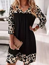 Vibrant Leopard Print Pendulum Dress - Elegant V-Neck, Long Sleeve, Mid-Elastic Smocked Fabric, Perfect for Spring, Summer, and Fall Seasons - Womens Polyester Clothing for Adult