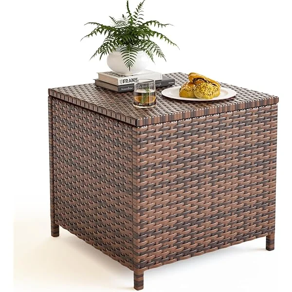 Outdoor Wicker Side Table with Storage Set of 2 Patio Rattan End Table Small Resin Square Container Coffee Table Backyard Pool for Furniture Covers, Toys and Gardening Tools (Black) 2 PC Black