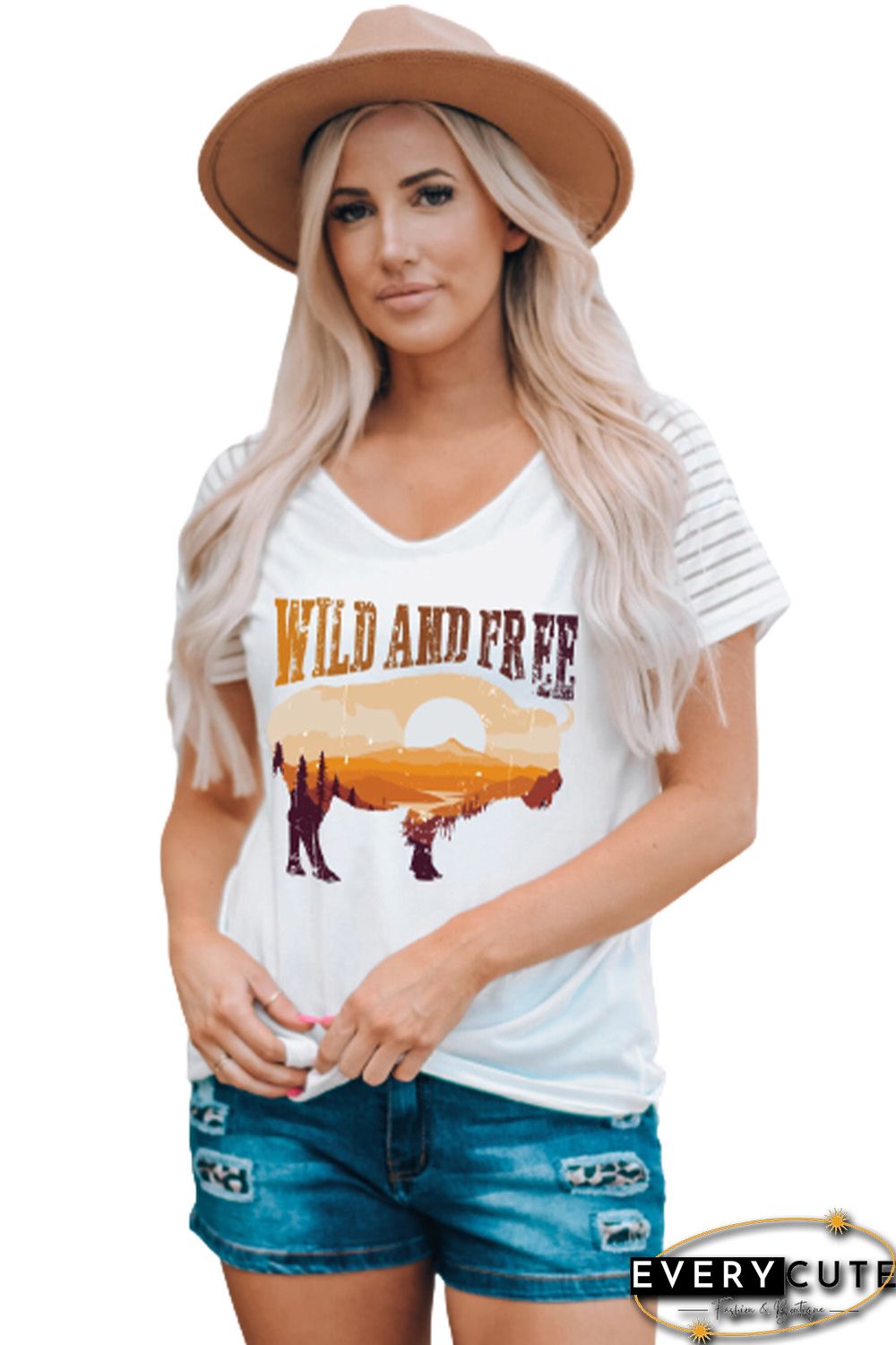White WILD AND FREE Western Animal Print Short Sleeve T-shirt