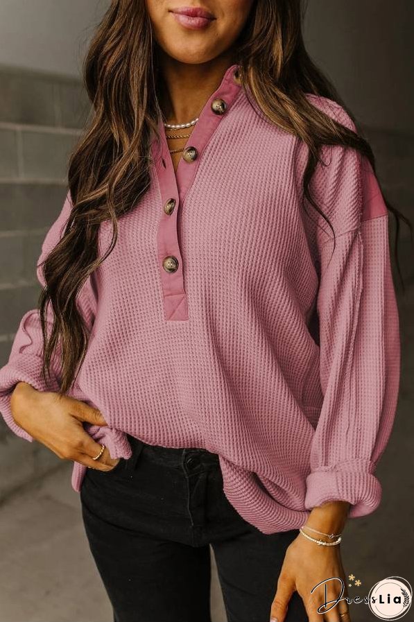 Smoke Green Waffle Patchwork Drop Sleeve Henley Top