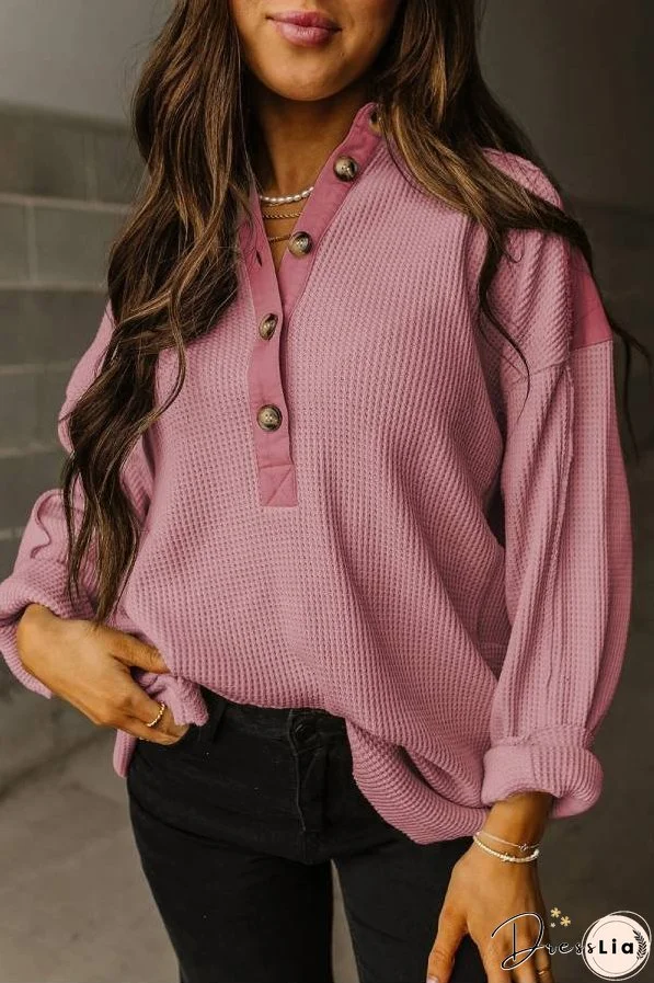 Smoke Green Waffle Patchwork Drop Sleeve Henley Top