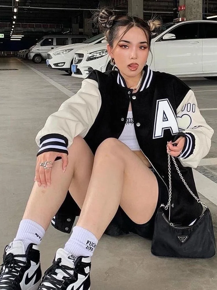 WannaThis Cotton Women Pocket Jacket Patchwork Baseball Long Sleeve Button Letter embroidery Harajuku Fashion Autumn Jacket 2021