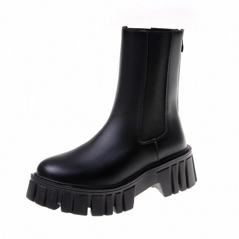 Lourdasprec Women PU Leather Chelsea Boots 2021 Autumn New Non Slip Fashion Comfortable Black White Womem Mid Calf Round Head Botas De Mujer