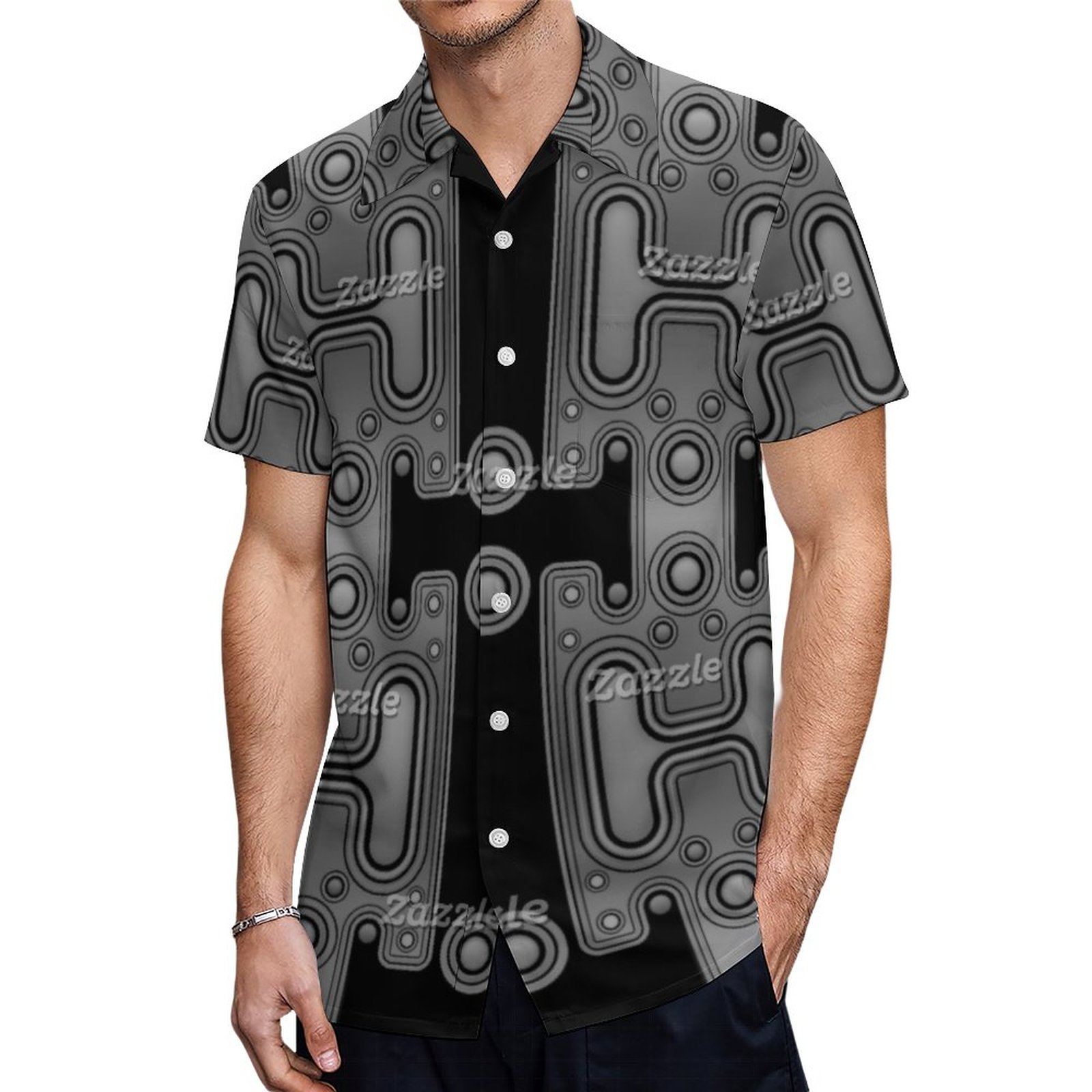 Black White Mechanical Android Futuristic Robot Hawaiian Shirt Mens Button Down Tropical Hawaii Beach Shirts