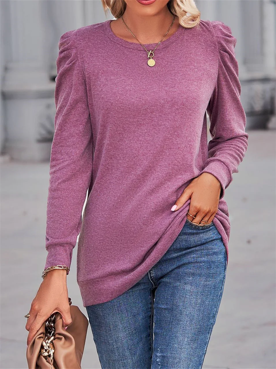 Women's Solid Color Scoop Neck Long Sleeve Top