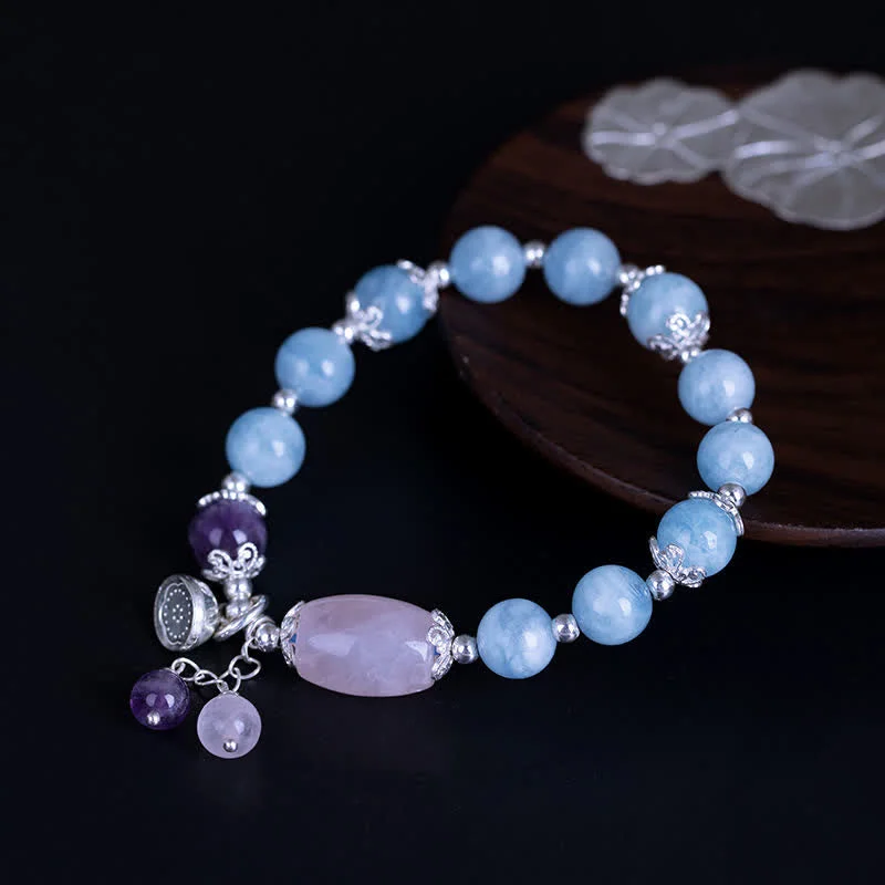 925 Sterling Silver Natural Aquamarine Amethyst Lotus Healing Charm Bracelet