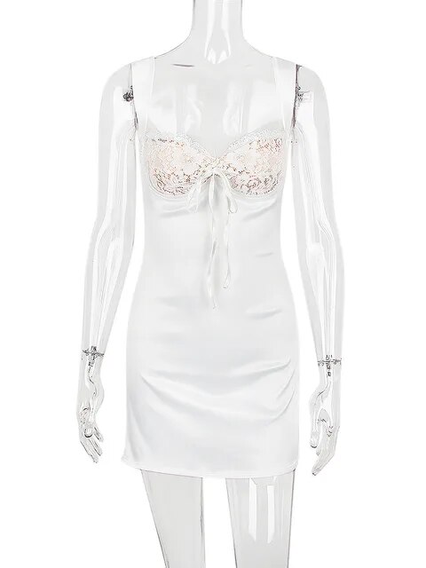 Stretchy Satin Lace Sexy Mini Dress For Women New White Zipper Backless Short Tank Dress Ladies Club Party Dress