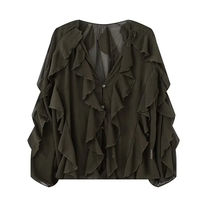 Nigikala Nigikala Summer Fashion V Collar Folded Folded Shirt Female D16690/91