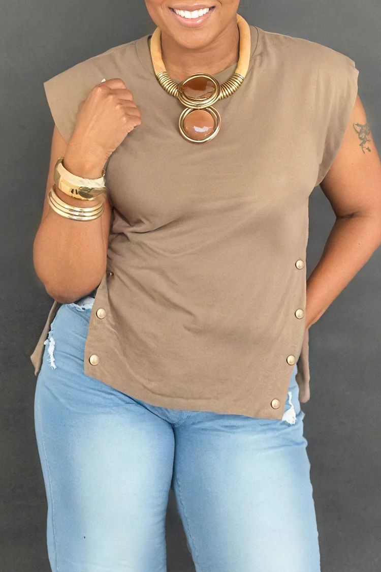 Plus Size Daily Khaki Casual Round Neck Waistcoat Studded Blouses 2024 - Xpluswear