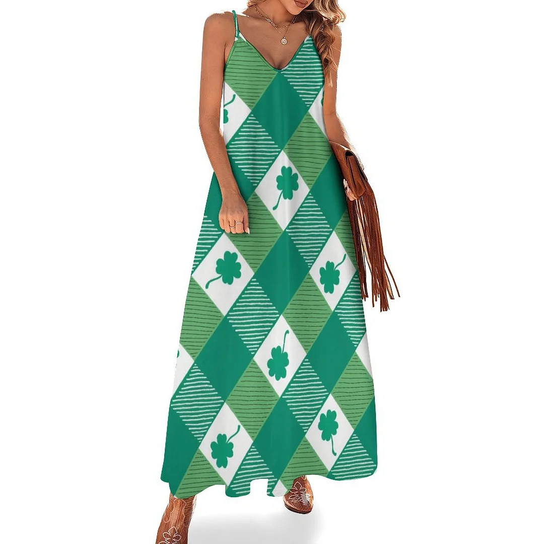 Style & Comfort for Mature Women Plus Size Printed Sling Casual Women Maxi Dress in Pattern St. Patrick's Day, Green, Clover, Lucky