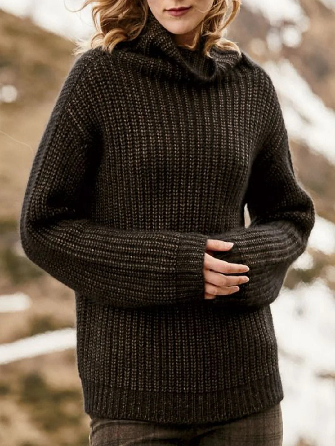 Black Casual Solid Turtleneck plus size Sweater | EGEMISS