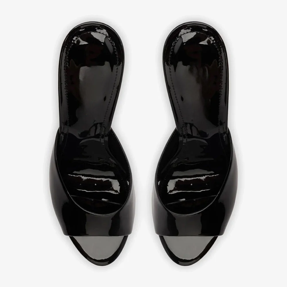 Black Patent Leather Open Toe Stiletto Heel Mule Shoes for Women