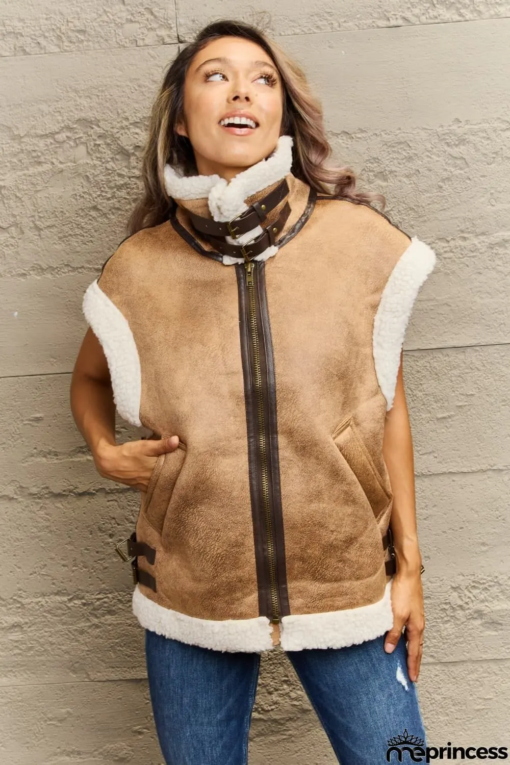 Collared Zip-Up Suede Sherpa Vest