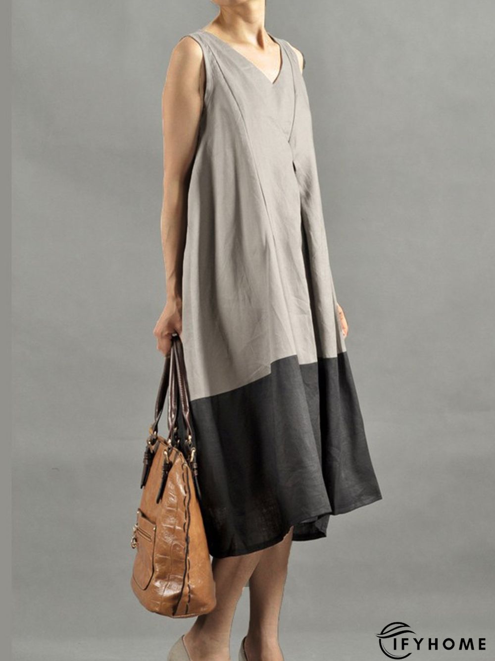 Black V Neck Cotton Casual Color-Block Weaving Dress | IFYHOME