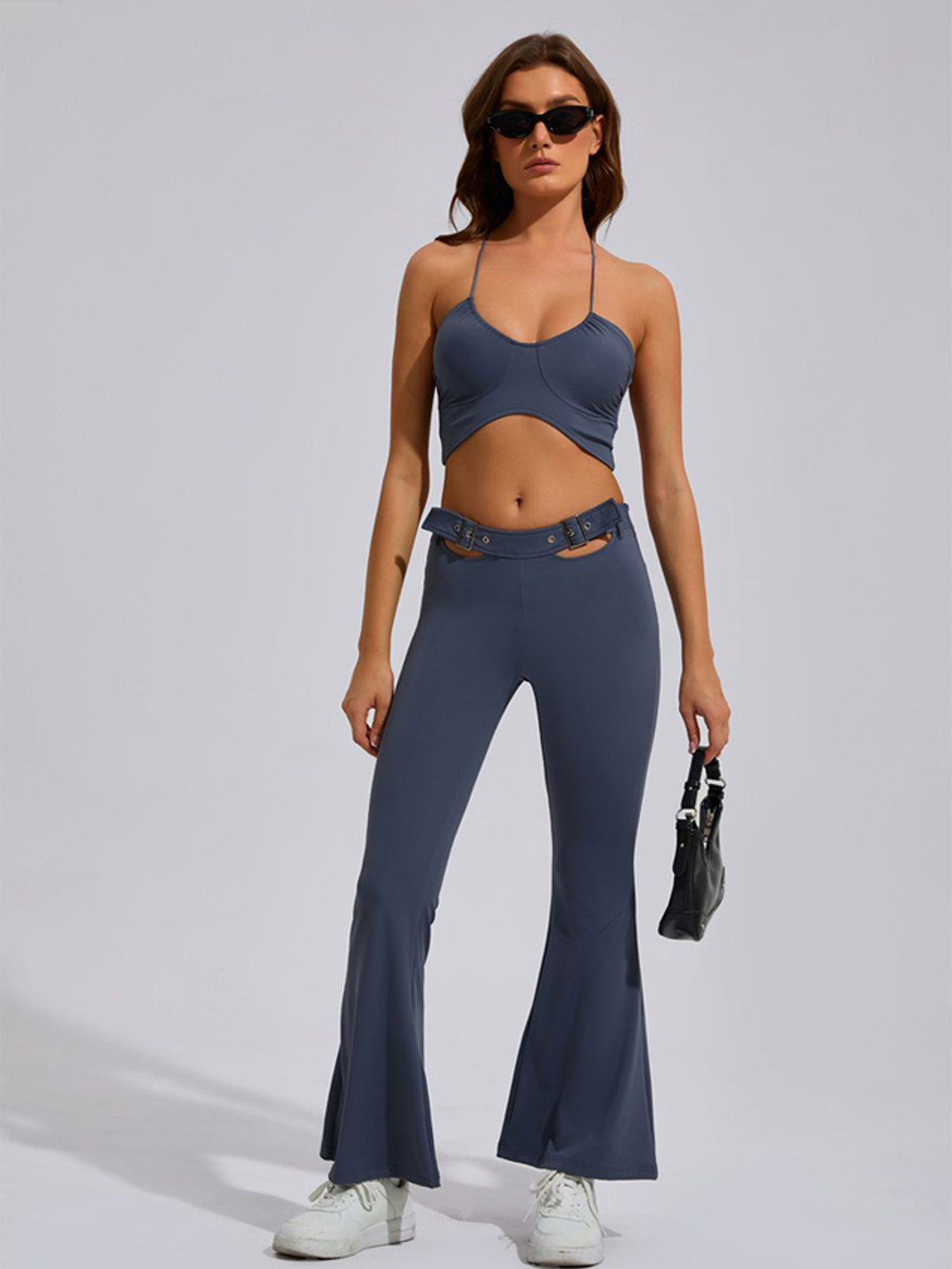 Cropped Halter Top and Flared Pant Two Piece Set