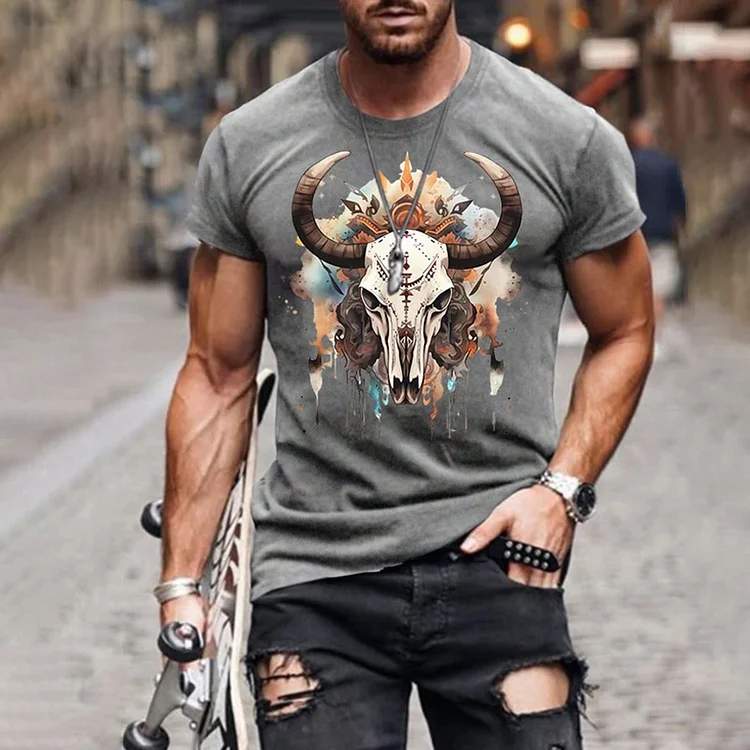 BrosWear Men'S Western Cow Skull Print Short Sleeve T Shirt