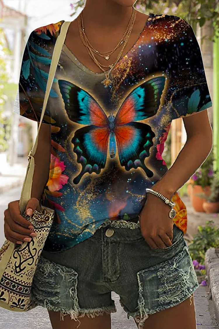 🔥kukelife🔥Glitter Magic Butterfly Abstract Print V-Neck Short Sleeve T-Shirt