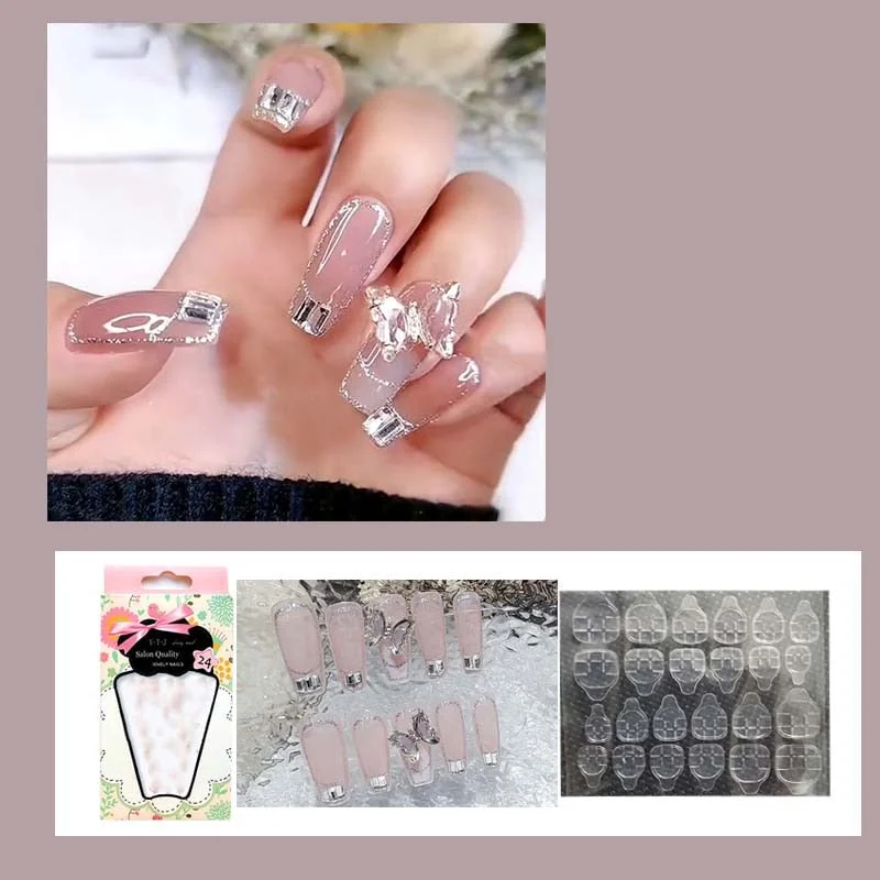 24pcs decorated false nails Transparent purple bow with long round head falis nails Manicure patch acrylic nail tips-Nail Inspo