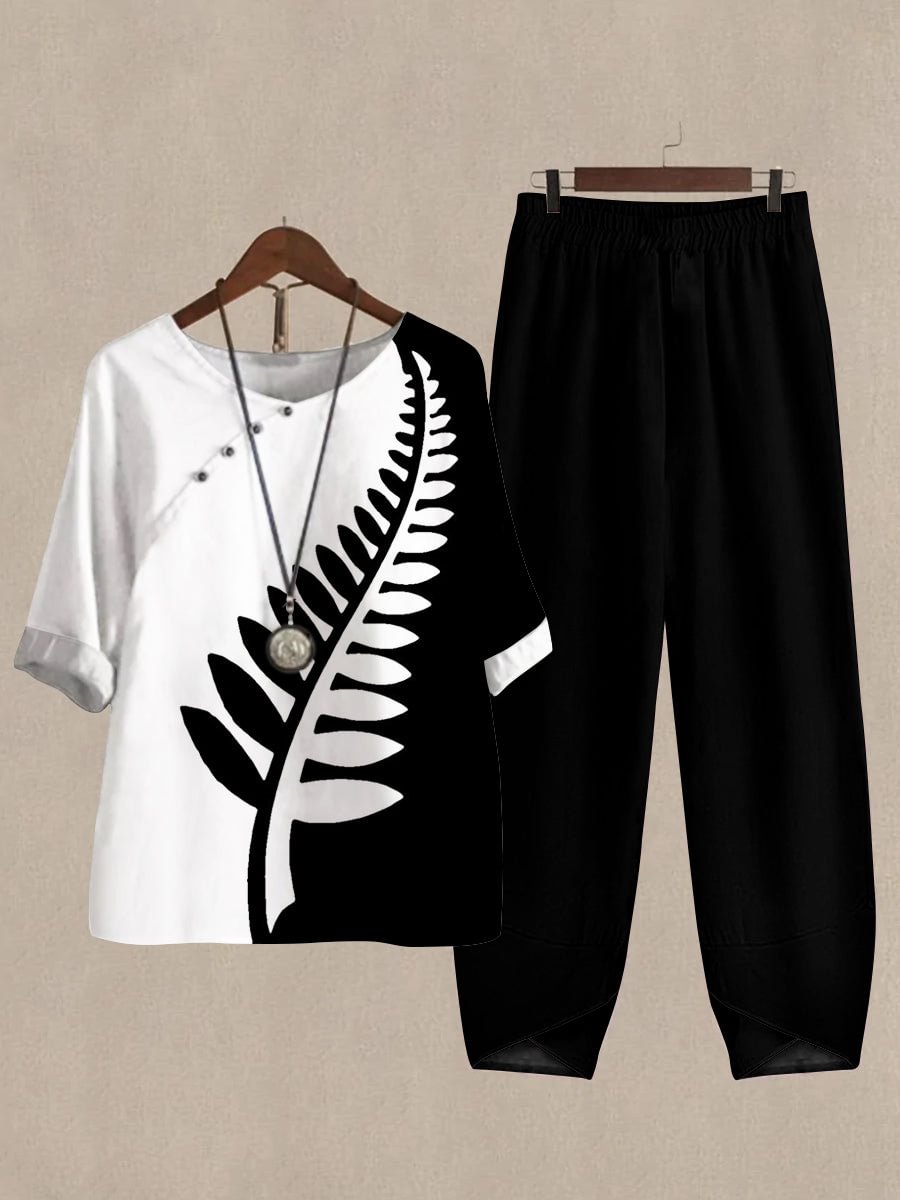 Linen Casual Women's Color Block Leaf Print Two Pieces Set