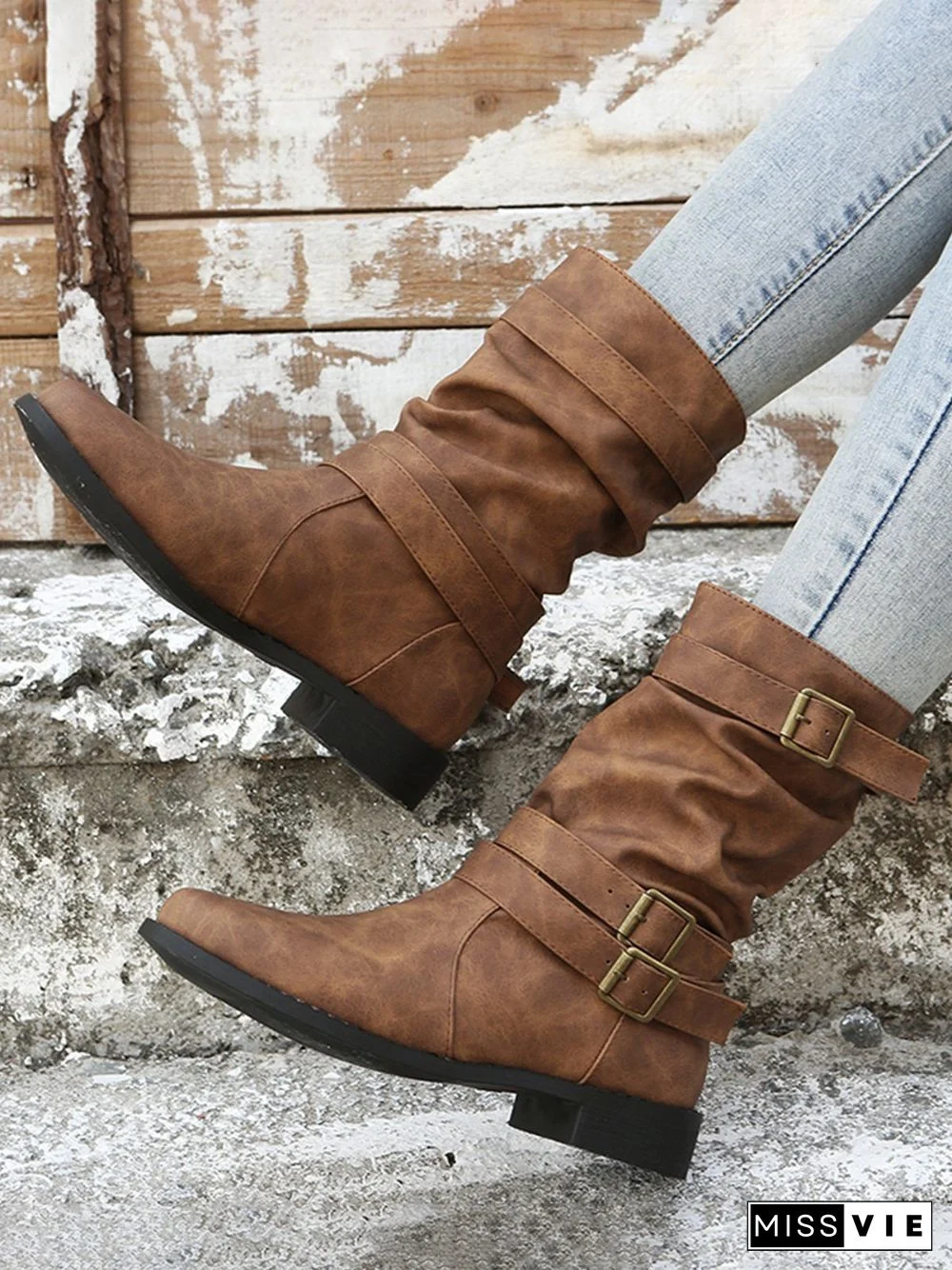 Ruched Buckle Casual Leather Booties