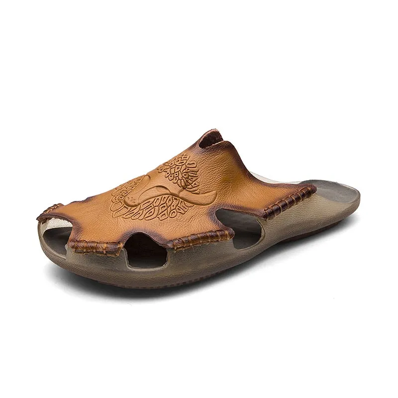 Summer Genuine Leather Men's Sandals Classic Breathable Slip-On Sandals Men Casual Beach Shoes Outdoor Slippers Plus Size 38-48