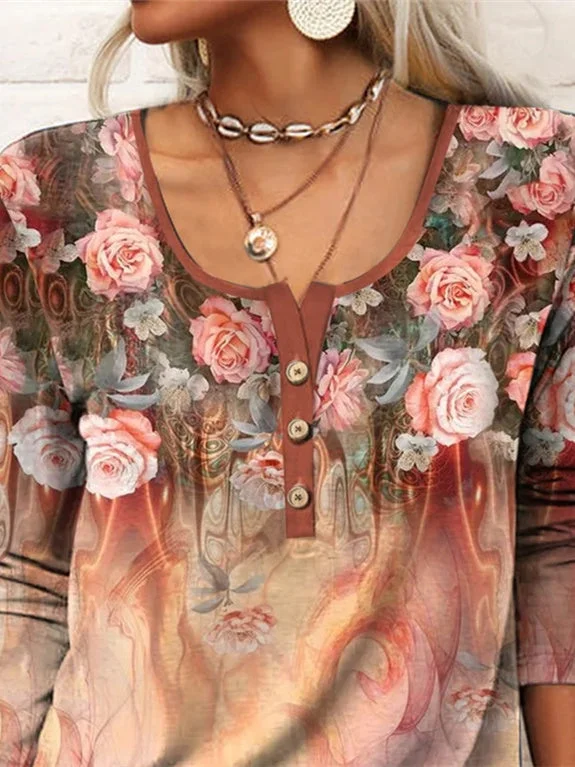 Women's Long Sleeve U-Neck Floral Printed Top